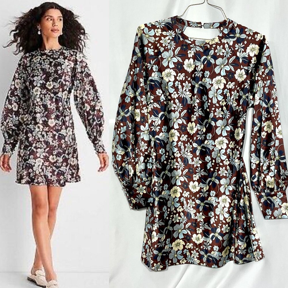 Future Collective Sz 14 Brown Floral Mini Long Sleeve Dress Reese Blutstein